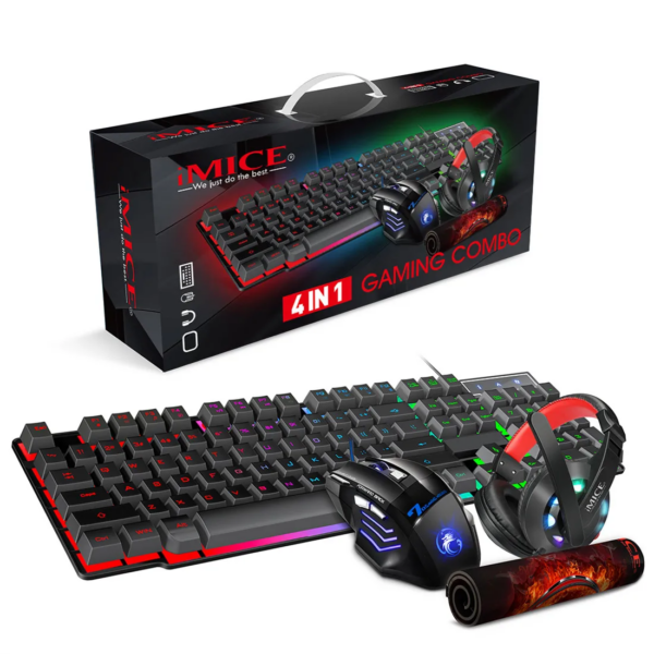 Combo Gaming IMice GK-490 Câble, Clavier, Souris, Casque avec Éclairage 4-en-1        4o mini