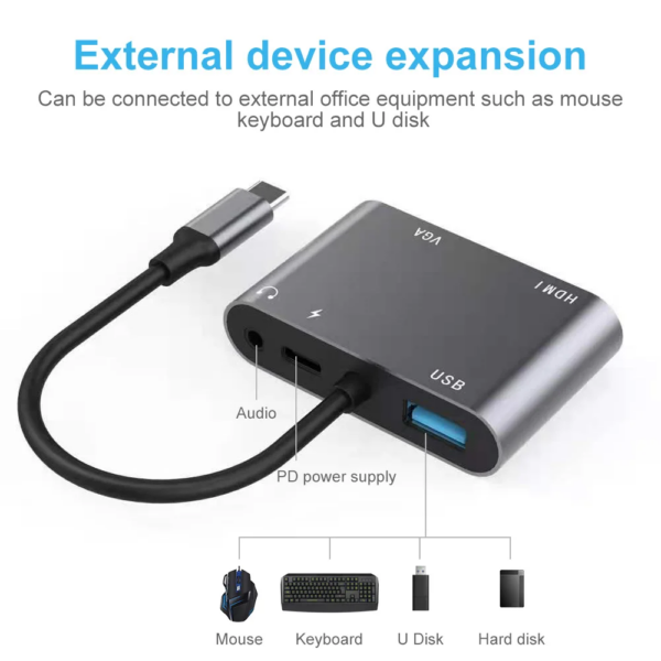 Adaptateur Hub 5-en-1 USB Type C vers HDMI, VGA, USB 3.0, PD, Audio, 4K 30Hz, Accessoires Ordinateur Multifonction