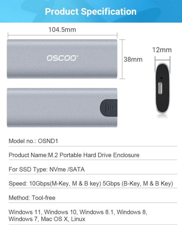 OSCOO Aluminum Dual USB Port M.2 NVMe USB3.1 Type C SSD Case 10Gbps High-Speed Transfer SATA NGFF External Hard Drive
