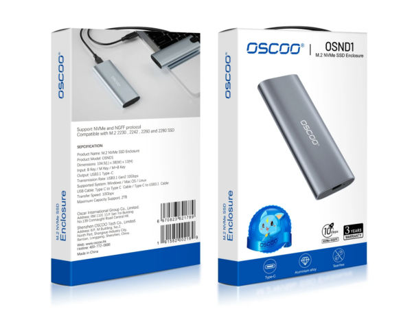 OSCOO Aluminum Dual USB Port M.2 NVMe USB3.1 Type C SSD Case 10Gbps High-Speed Transfer SATA NGFF External Hard Drive